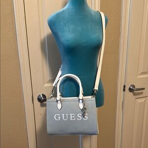 GUESS Gray and White Tote Bag with Structured Design